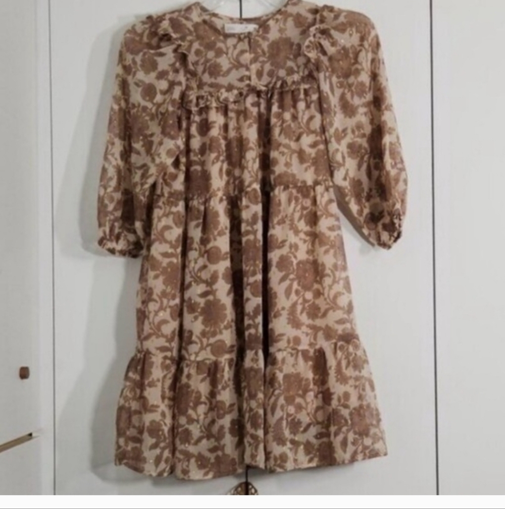 Zara Beige Floral Dress with Gold Accents